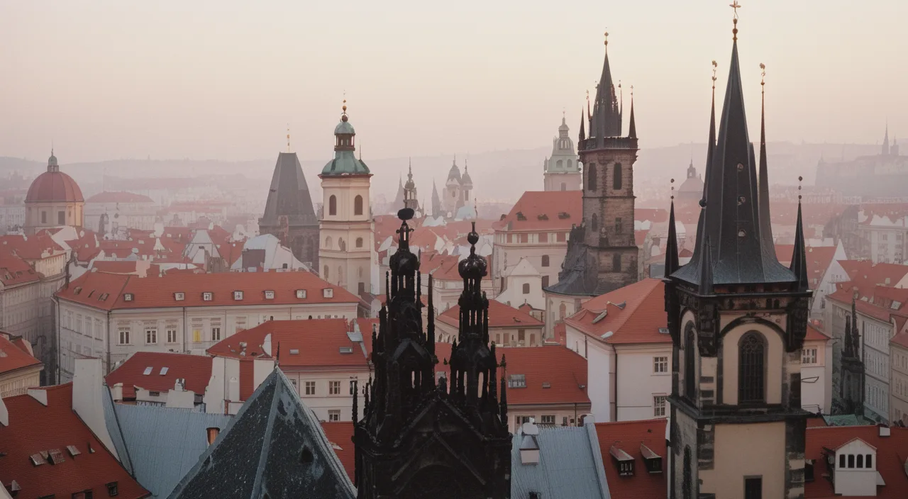 Prague old town rooftops and spires at dawn in soft haze