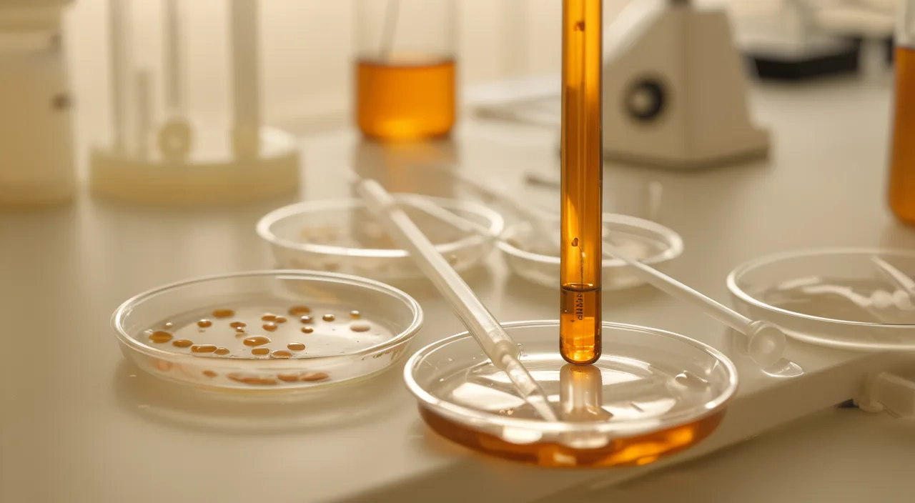 Laboratory dishes and a pipette in a softly lit embryology lab