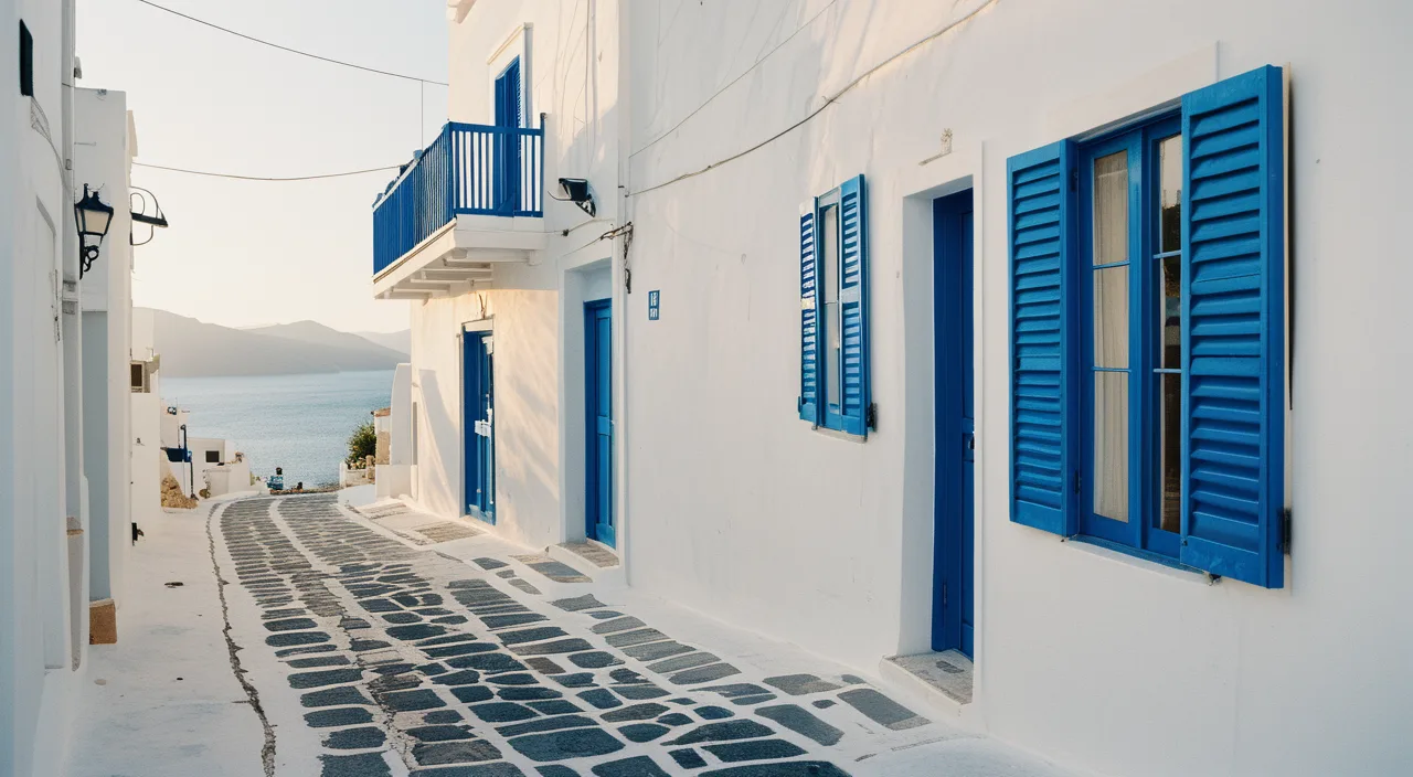 A quiet whitewashed Greek island street with blue shutters in morning light