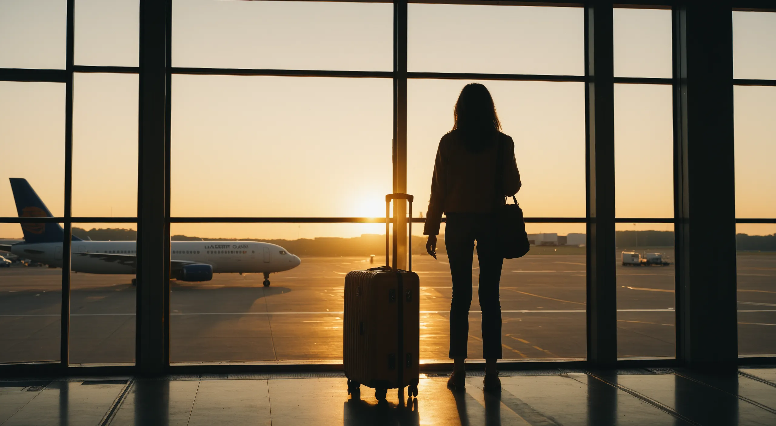 A woman with a small suitcase at an airport window at sunrise, about to travel for treatment