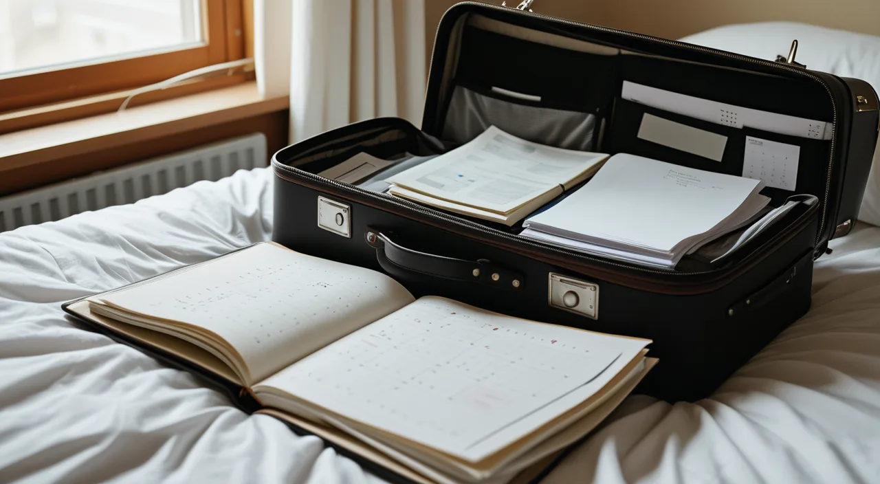 An open suitcase packed beside a folder of documents and a calendar
