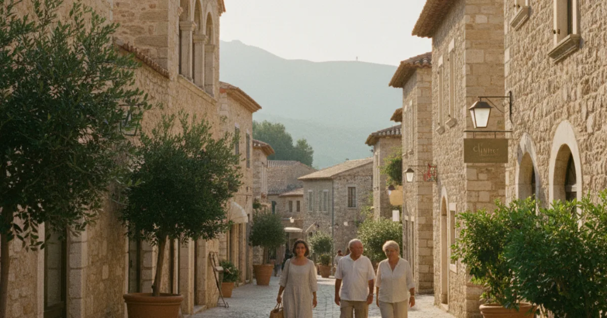 A sunlit Mediterranean street in a typical IVF destination city
