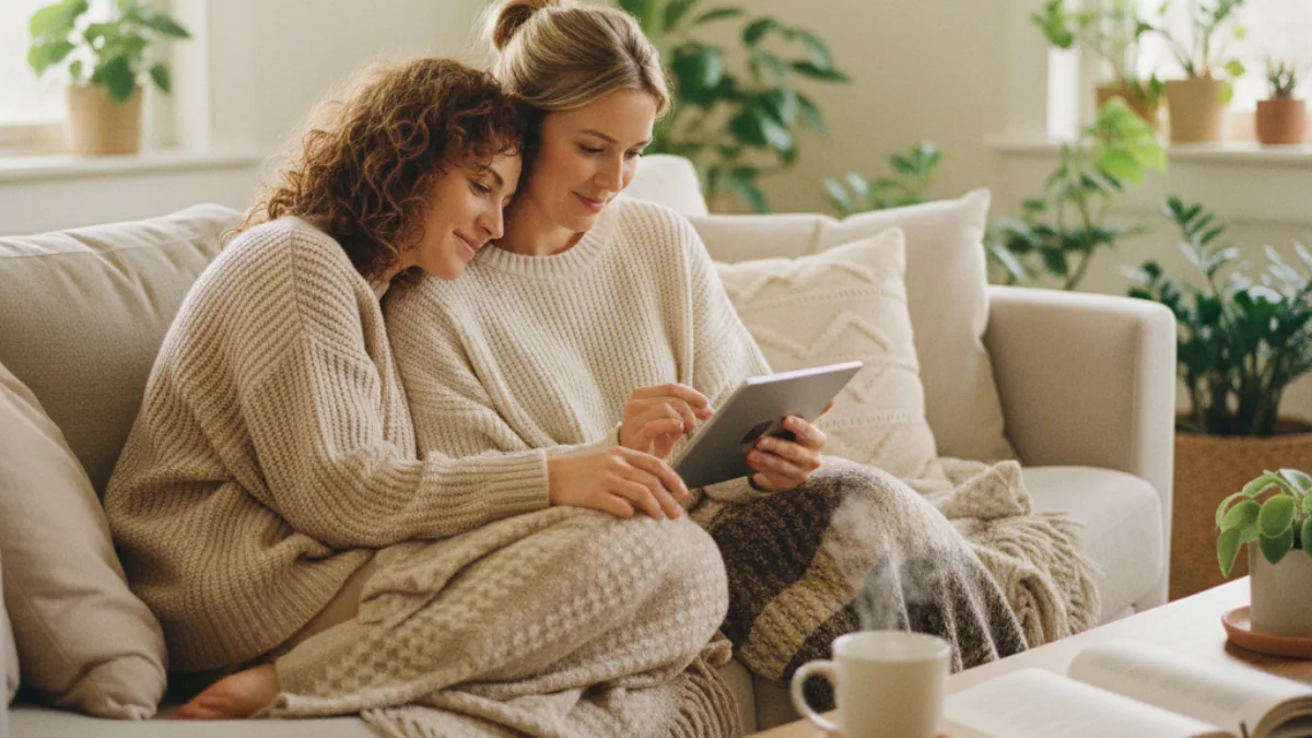 Two women together at home reviewing their options for starting a family