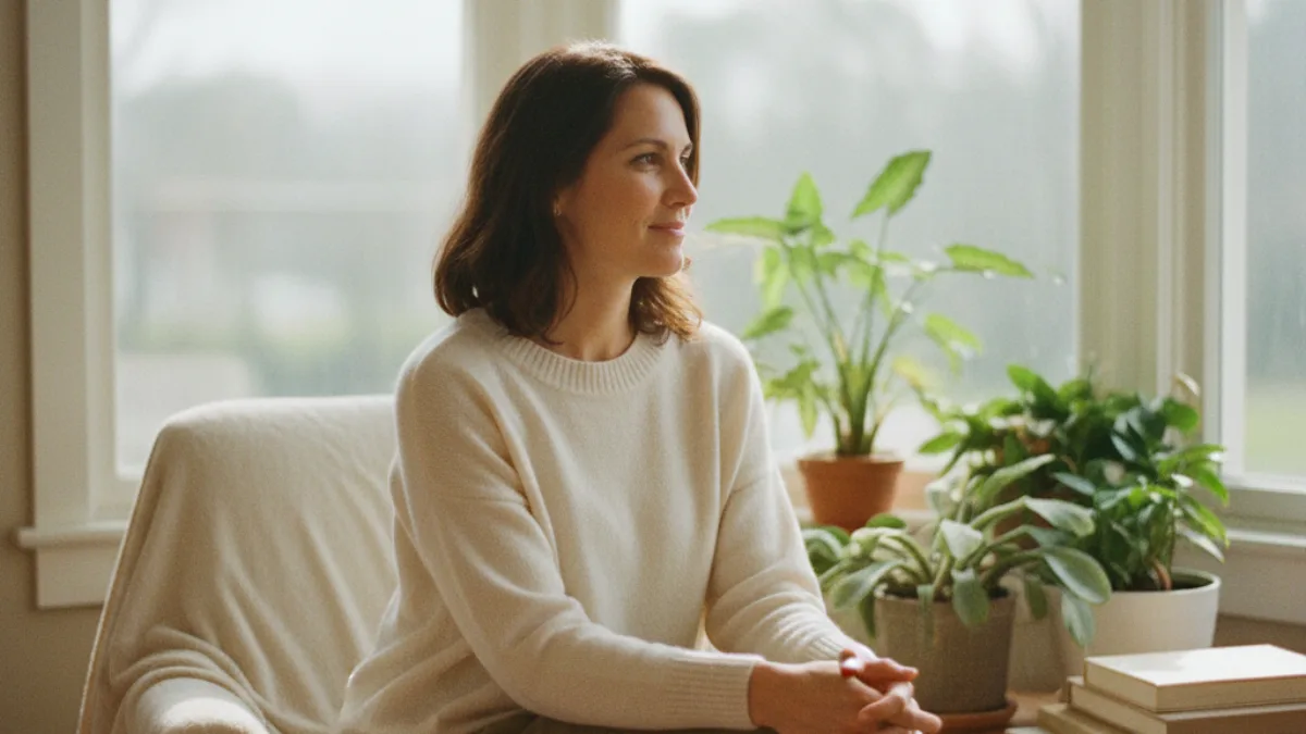 A woman sitting by a sunlit window looking hopeful while planning her path to motherhood