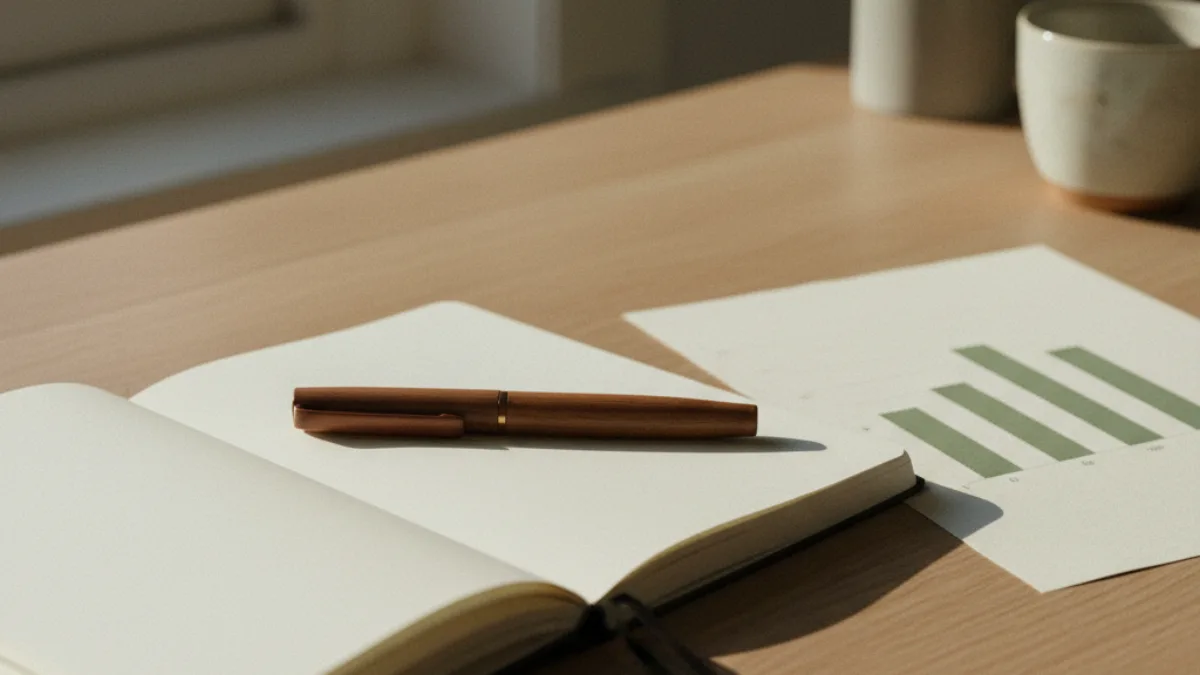 A quiet desk with a notebook and a chart showing IVF success rates declining with age
