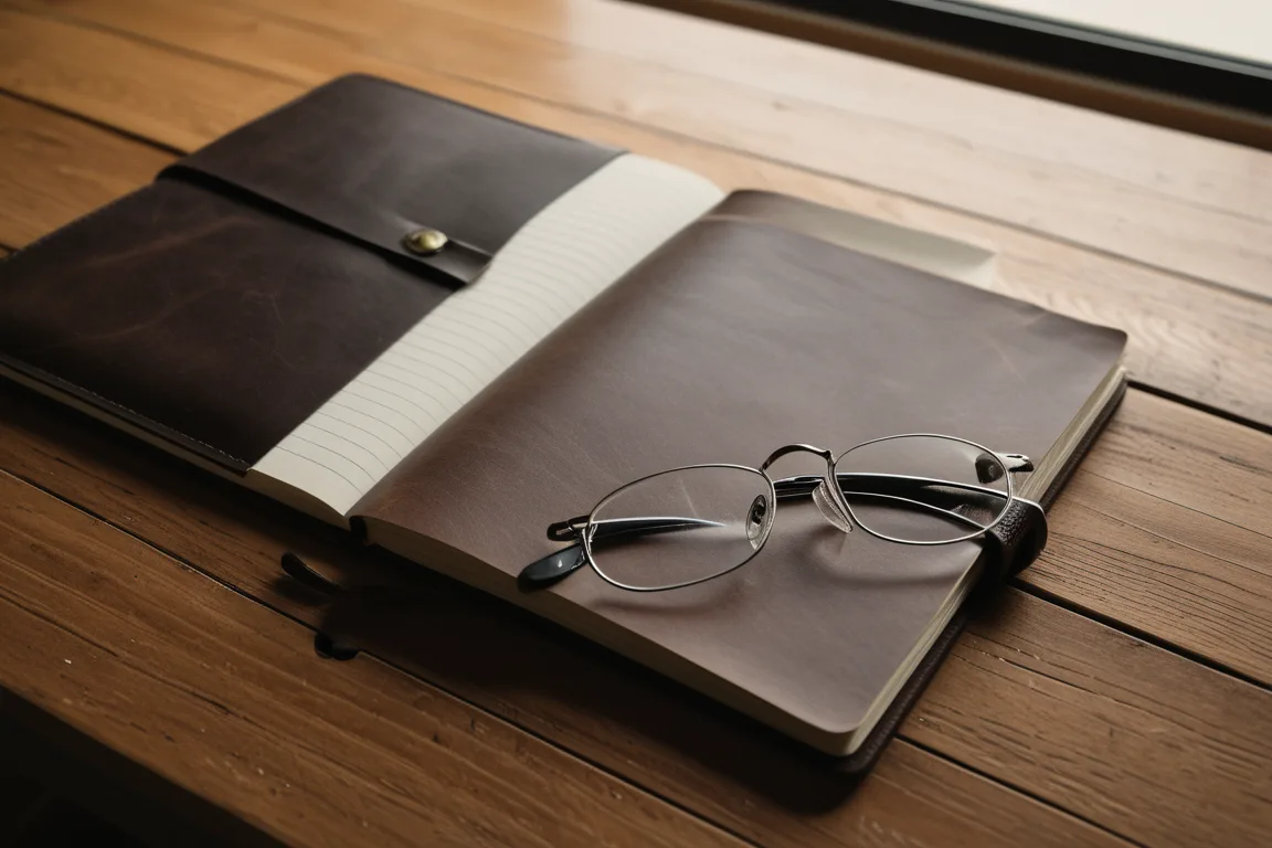 A leather planning notebook and reading glasses on a warm wooden table